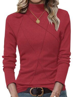 Women's Red Mock Turtleneck Long Sleeve Stitching Layering Slim Fit Tunic Top